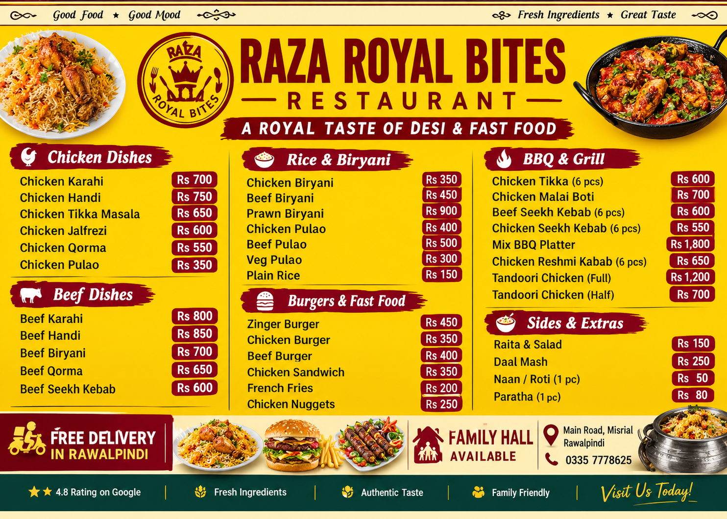 Raza Royal Bites complete food menu with all food items and prices